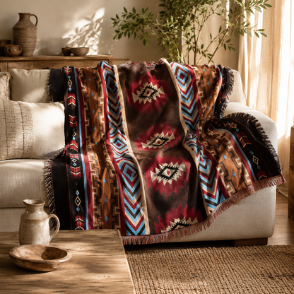 Manta Decorativa Asteca – Boho com Franjas