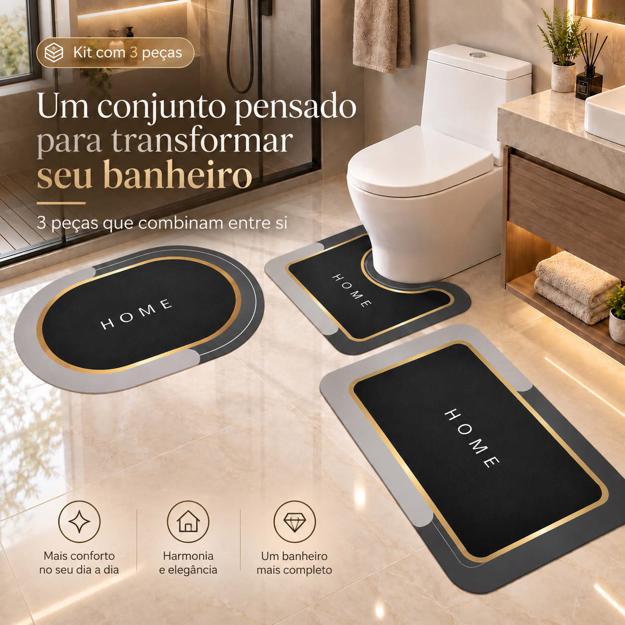 Kit 3 Tapetes de Banheiro Antiderrapante e Absorvente