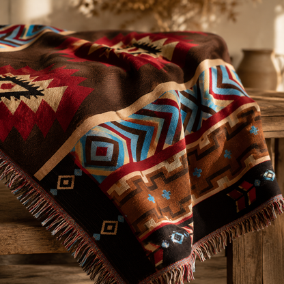 Manta Decorativa Asteca – Boho com Franjas