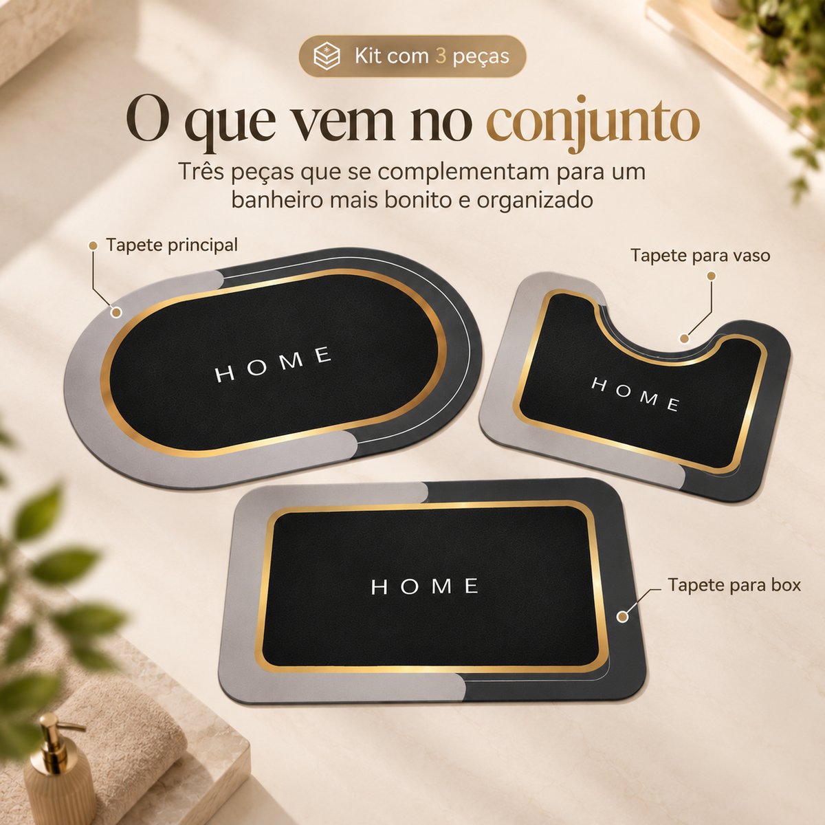 Kit 3 Tapetes de Banheiro Antiderrapante e Absorvente