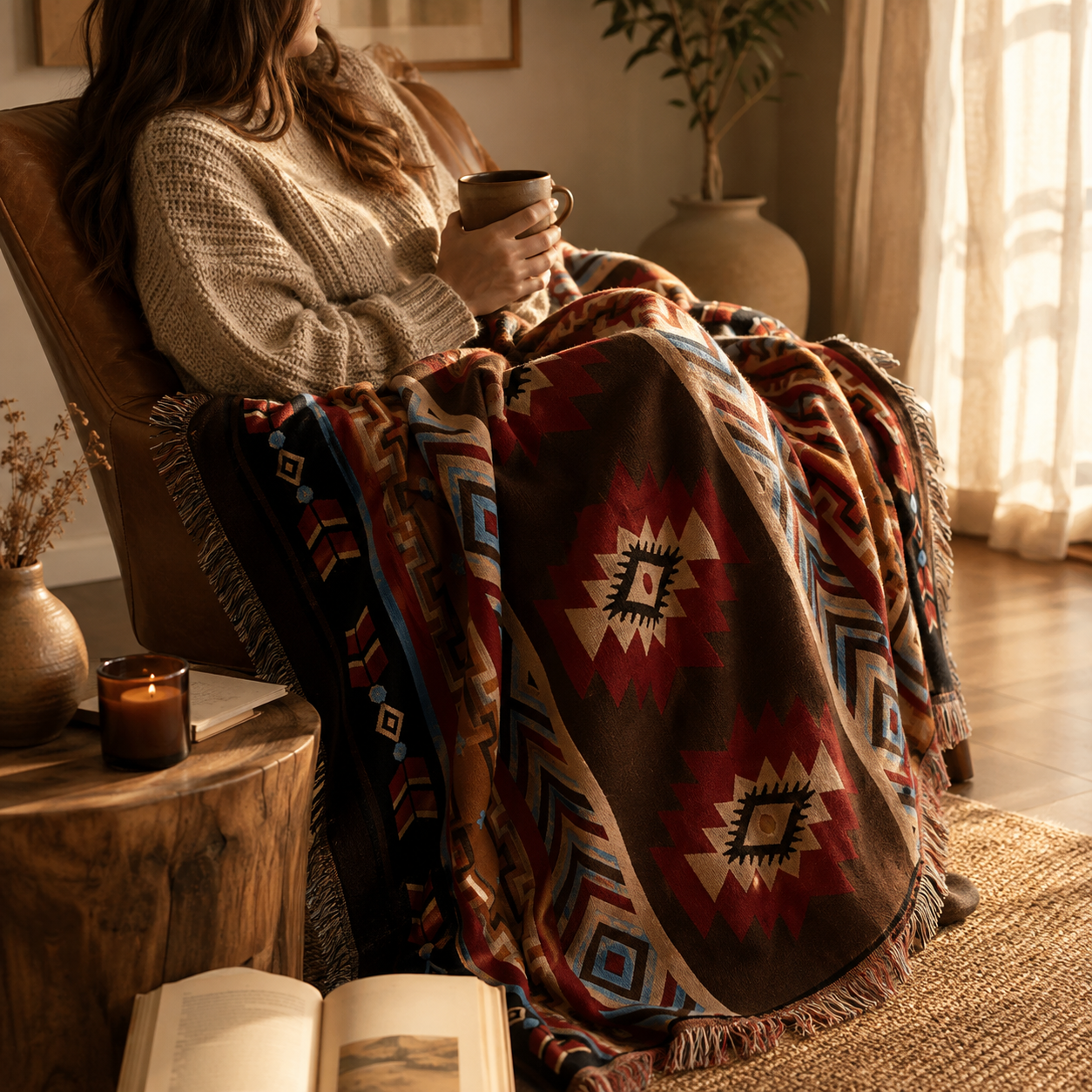 Manta Decorativa Asteca – Boho com Franjas
