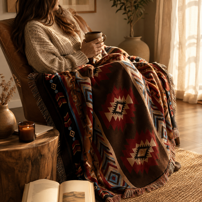 Manta Decorativa Asteca – Boho com Franjas