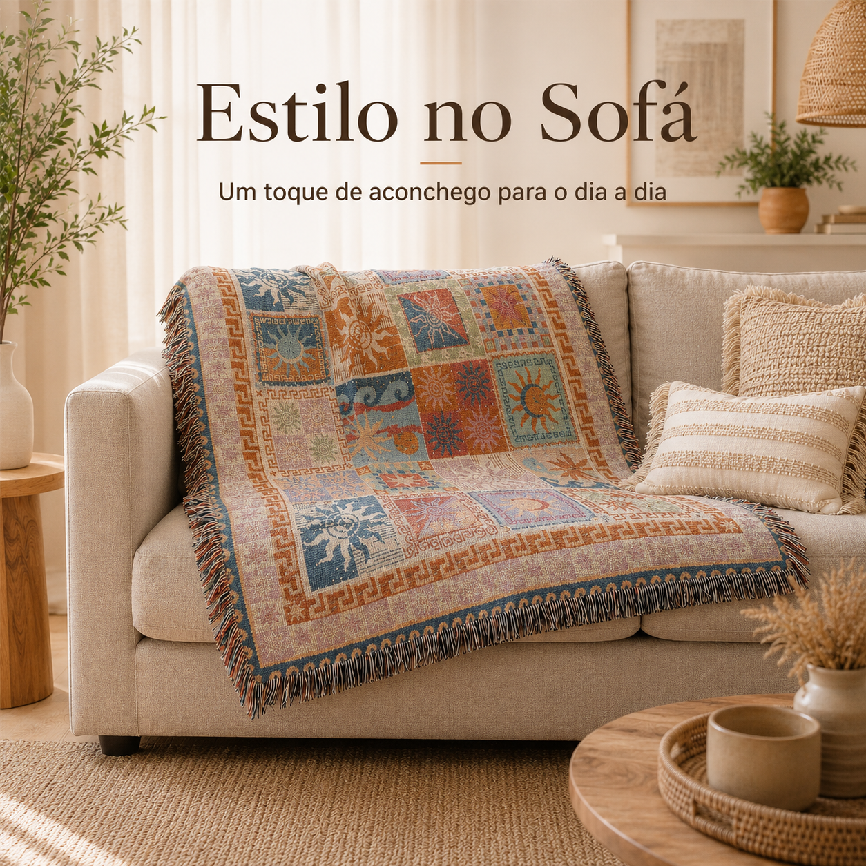 Manta Decorativa Sol & Lua – Estilo Boho