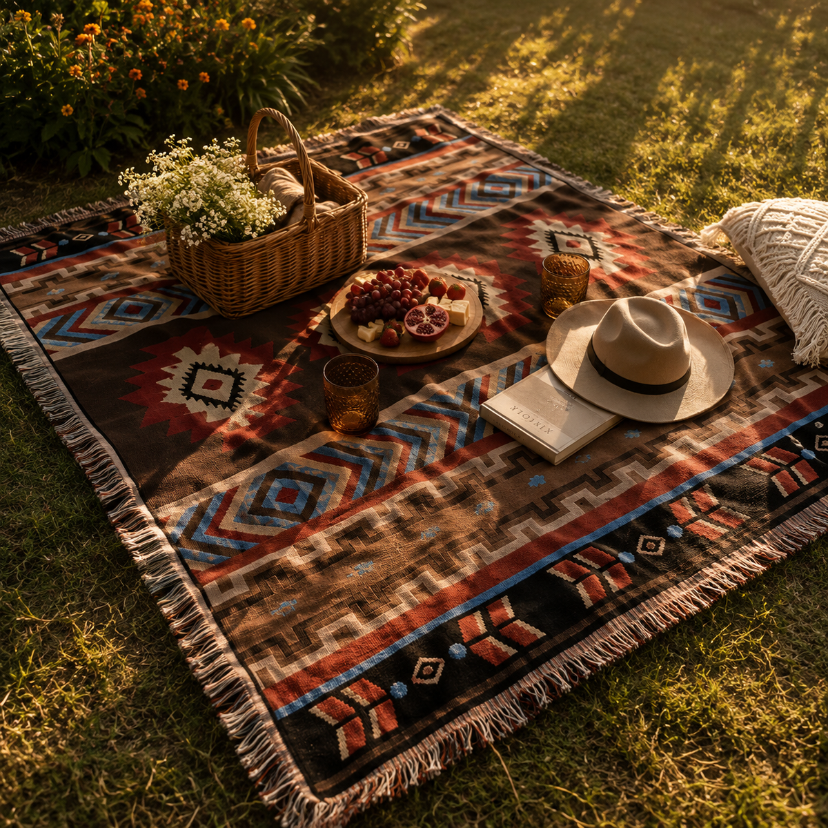 Manta Decorativa Asteca – Boho com Franjas