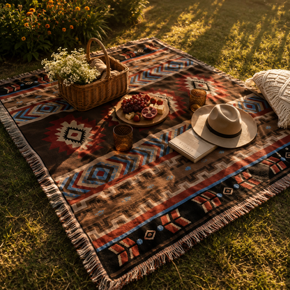 Manta Decorativa Asteca – Boho com Franjas