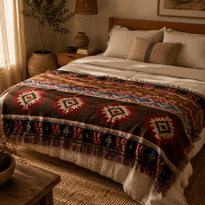 Manta Decorativa Asteca – Boho com Franjas