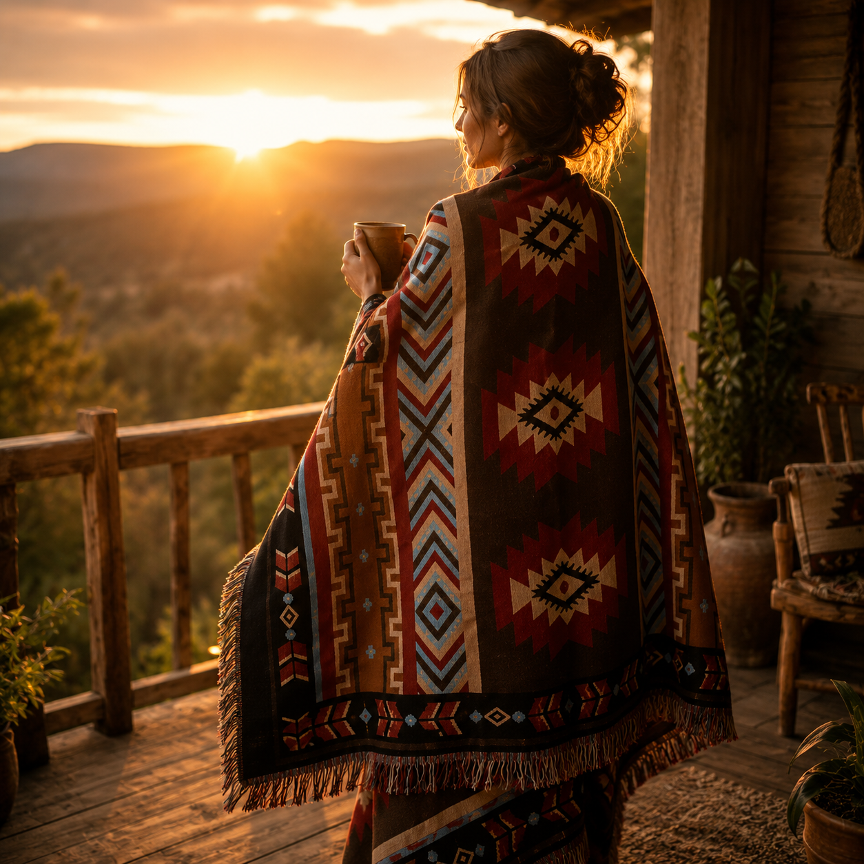 Manta Decorativa Asteca – Boho com Franjas