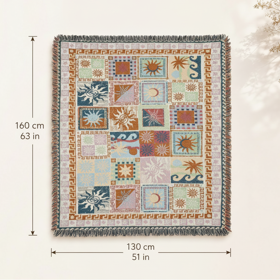 Manta decorativa boho Sol e Lua com franjas em ambiente externo