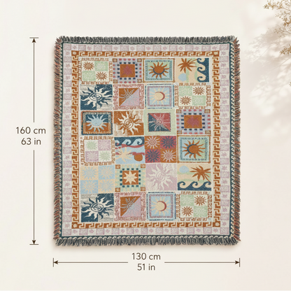 Manta decorativa boho Sol e Lua com franjas em ambiente externo