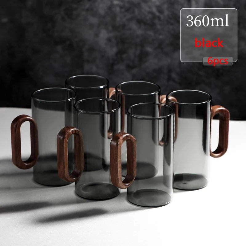 Kit de Canecas de Vidro com Alça de Madeira para Café