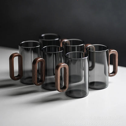 Kit de Canecas de Vidro com Alça de Madeira para Café