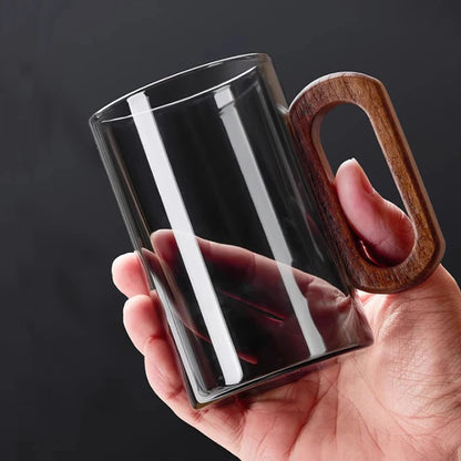 Kit de Canecas de Vidro com Alça de Madeira para Café