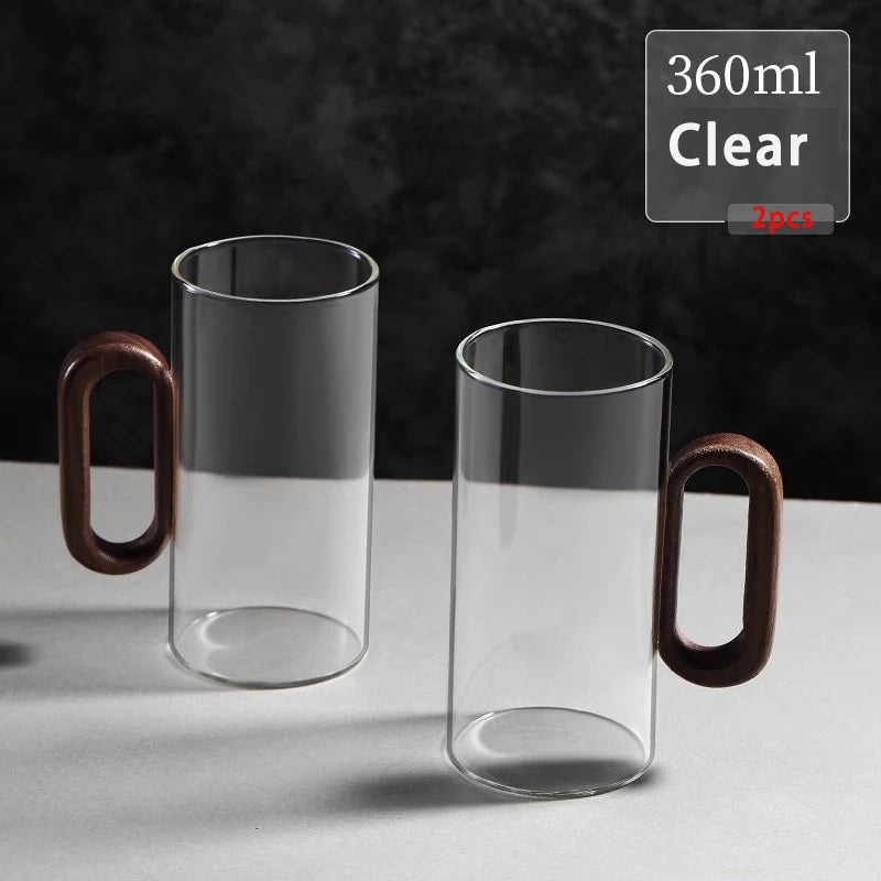 Kit de Canecas de Vidro com Alça de Madeira para Café
