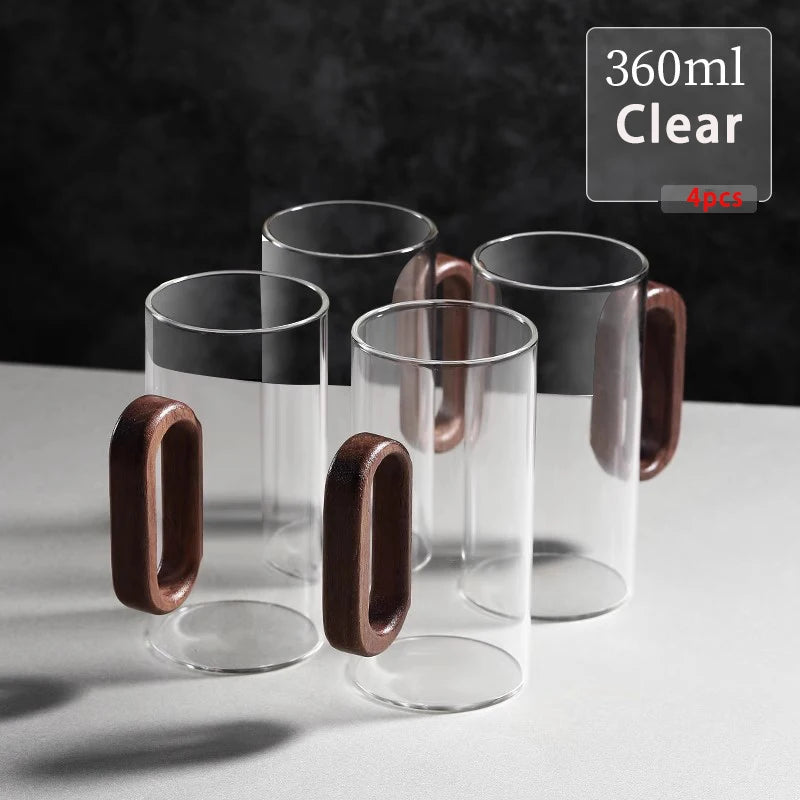 Kit de Canecas de Vidro com Alça de Madeira para Café