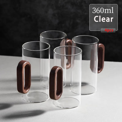Kit de Canecas de Vidro com Alça de Madeira para Café