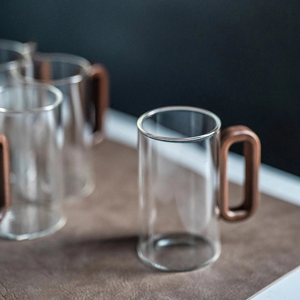 Kit de Canecas de Vidro com Alça de Madeira para Café