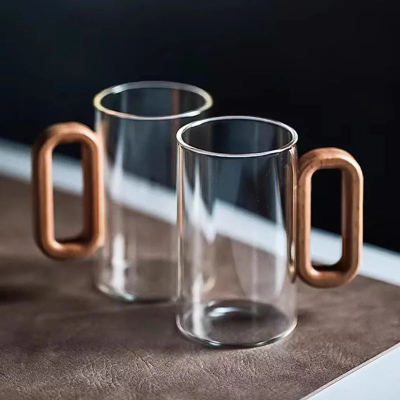 Kit de Canecas de Vidro com Alça de Madeira para Café