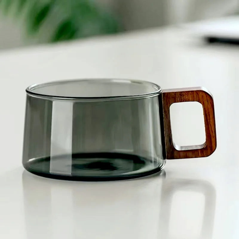 Caneca de Vidro para Café Latte com Bandeja de Madeira