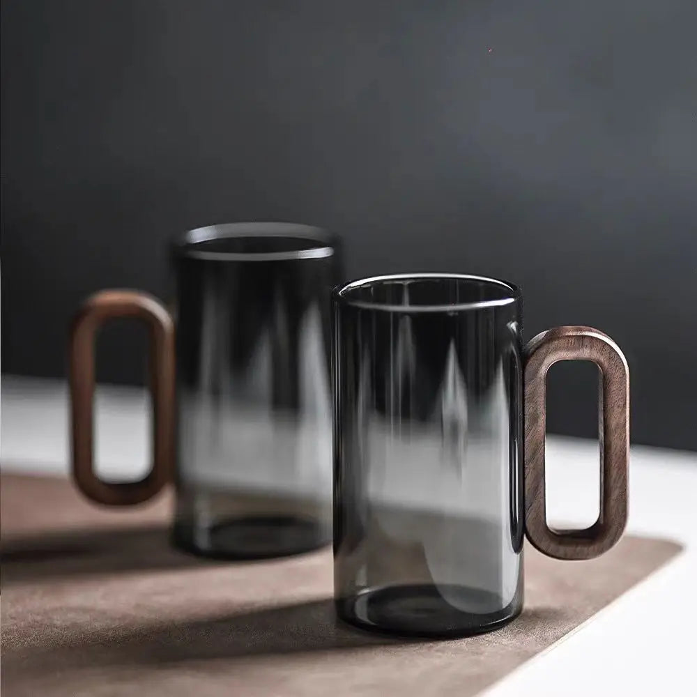 Kit de Canecas de Vidro com Alça de Madeira para Café