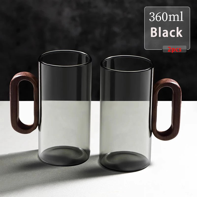 Kit de Canecas de Vidro com Alça de Madeira para Café