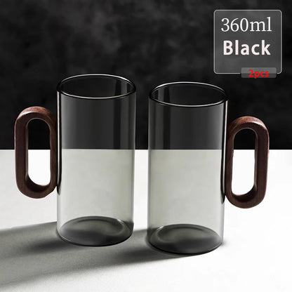 Kit de Canecas de Vidro com Alça de Madeira para Café