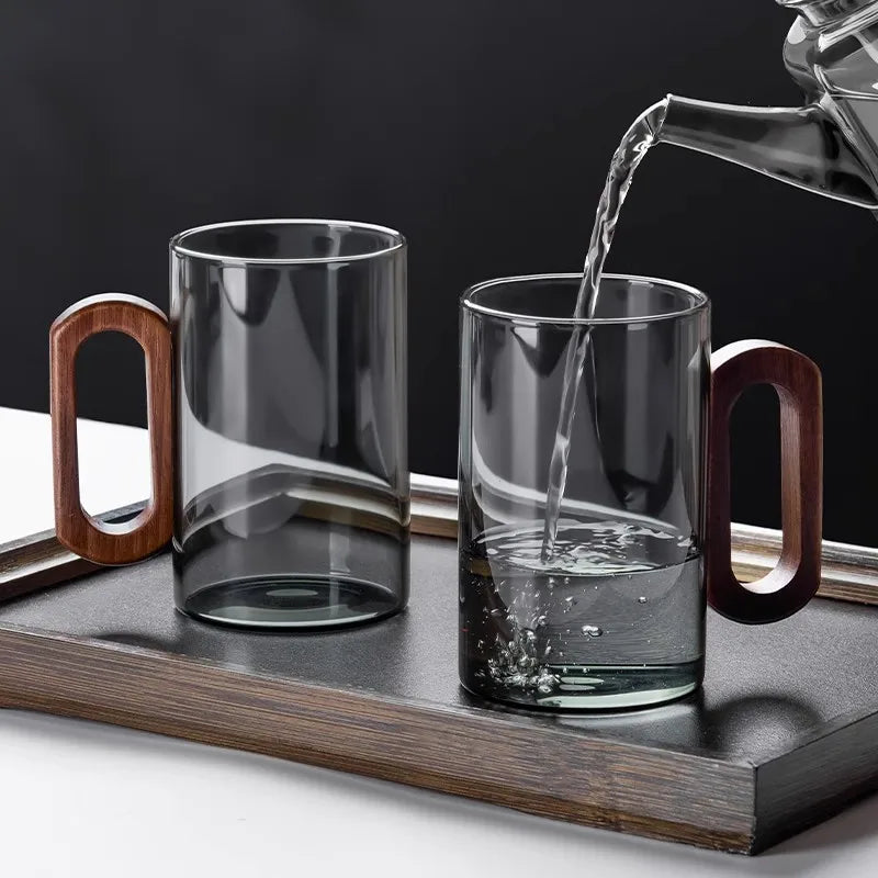 Kit de Canecas de Vidro com Alça de Madeira para Café