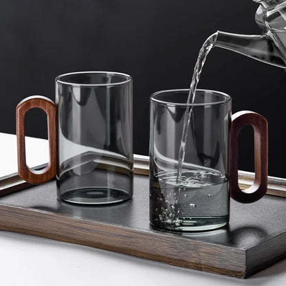Kit de Canecas de Vidro com Alça de Madeira para Café