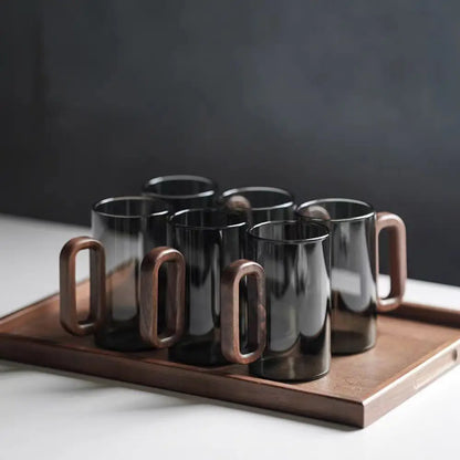 Kit de Canecas de Vidro com Alça de Madeira para Café