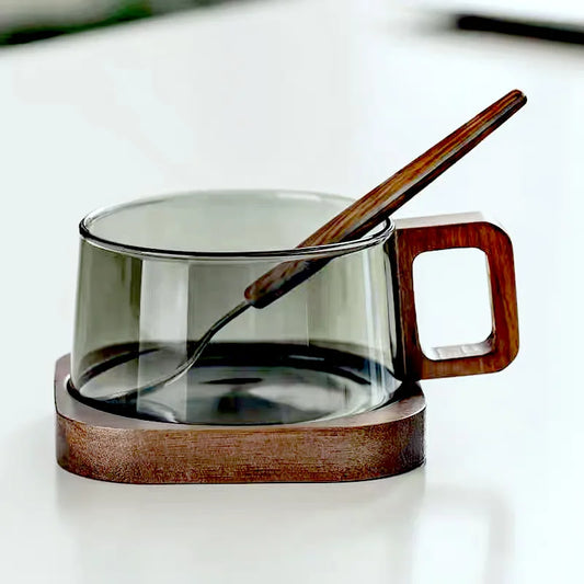 Caneca de Vidro para Café Latte com Bandeja de Madeira