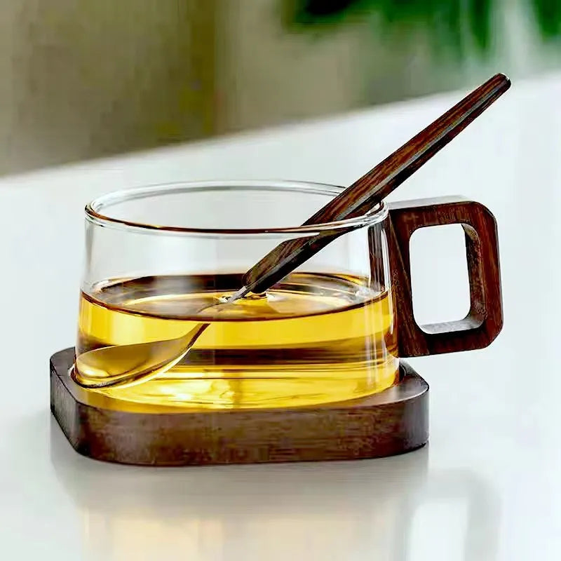 Caneca de Vidro para Café Latte com Bandeja de Madeira