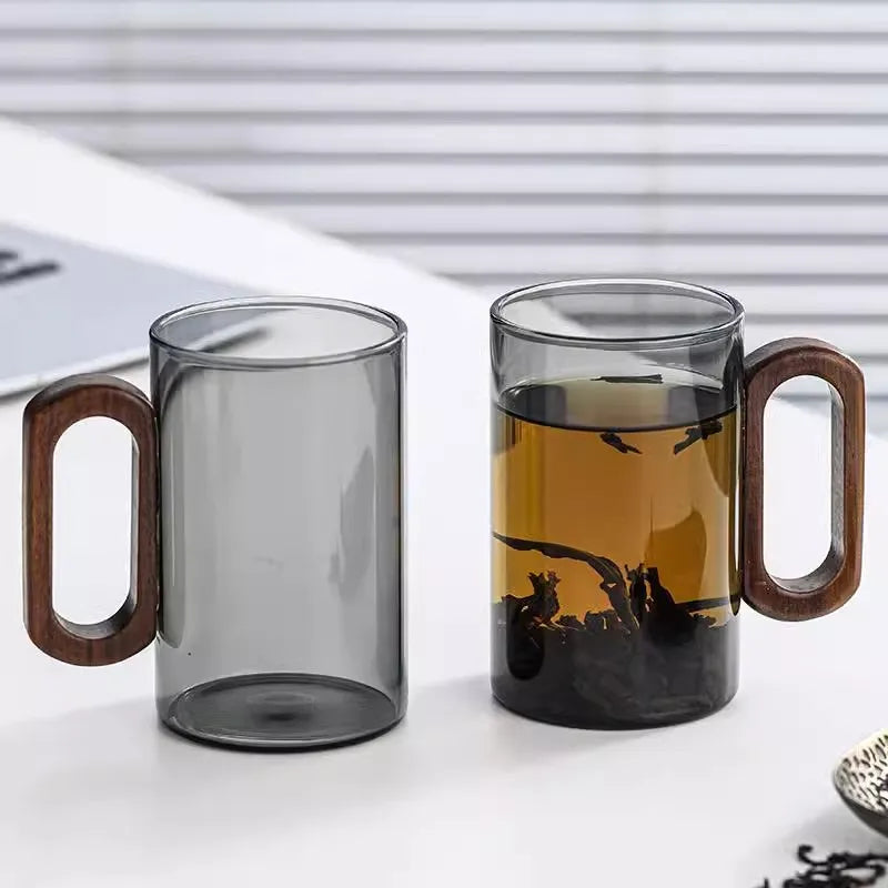 Kit de Canecas de Vidro com Alça de Madeira para Café