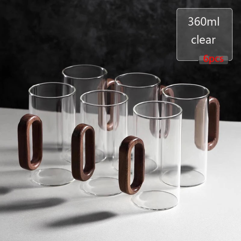 Kit de Canecas de Vidro com Alça de Madeira para Café