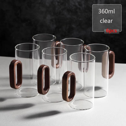Kit de Canecas de Vidro com Alça de Madeira para Café