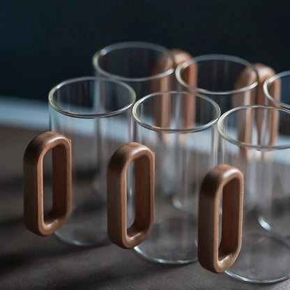 Kit de Canecas de Vidro com Alça de Madeira para Café
