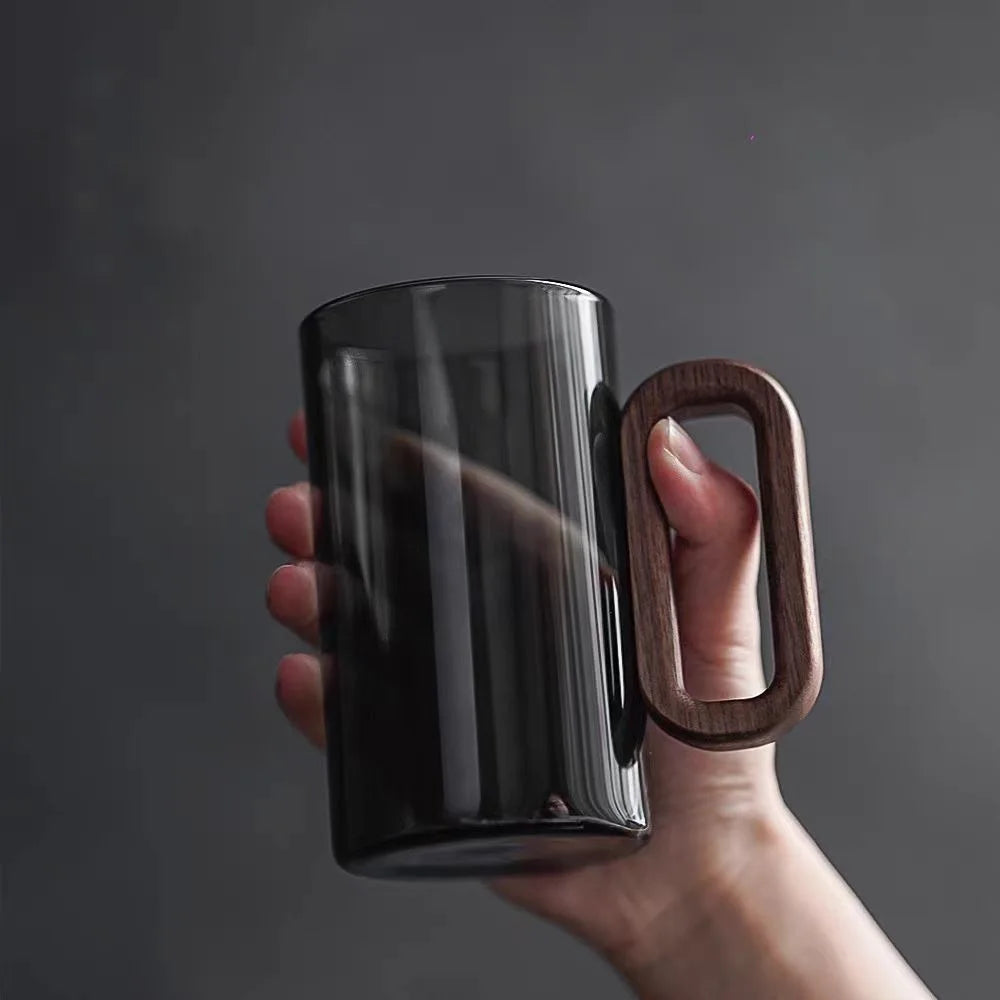 Kit de Canecas de Vidro com Alça de Madeira para Café