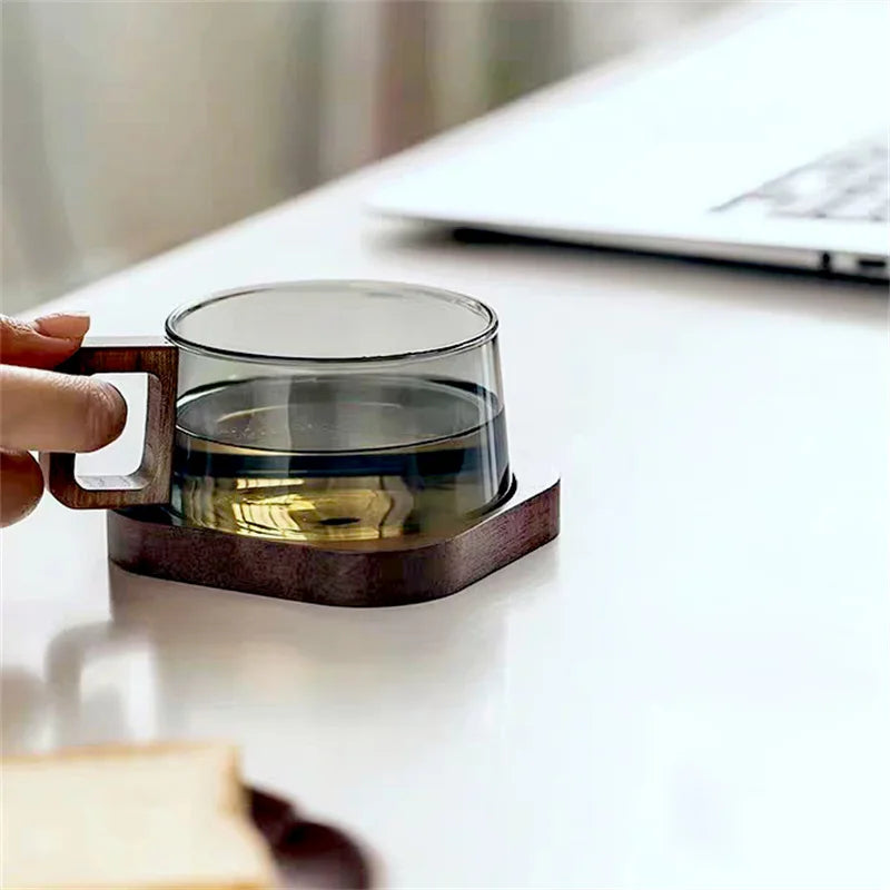 Caneca de Vidro para Café Latte com Bandeja de Madeira