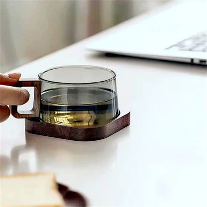 Caneca de Vidro para Café Latte com Bandeja de Madeira