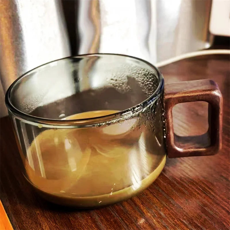 Caneca de Vidro para Café Latte com Bandeja de Madeira