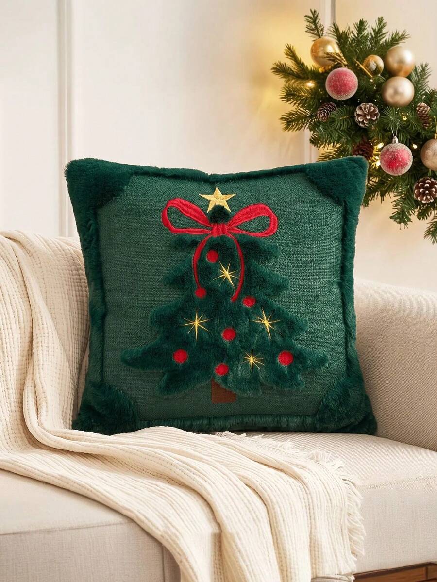 Capa de almofada de Natal verde com árvore em pelúcia, laço vermelho e enfeites decorativos