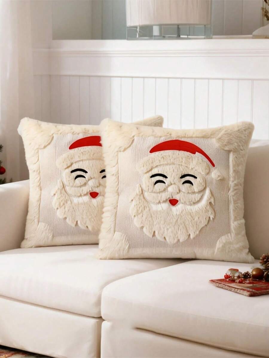 Capa de almofada de Natal branca com rosto do Papai Noel e barba em pelúcia