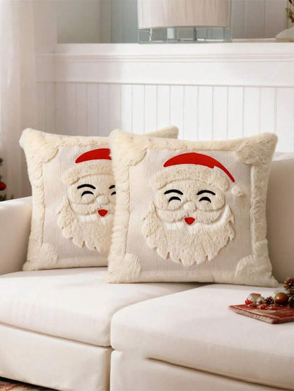 Capa de almofada de Natal branca com rosto do Papai Noel e barba em pelúcia