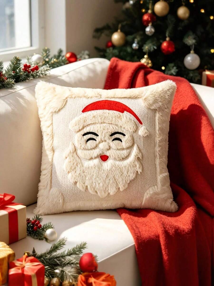 Capa de almofada de Natal branca com rosto do Papai Noel e barba em pelúcia