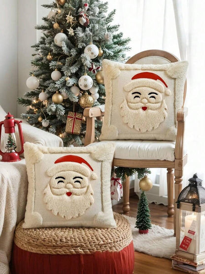 Capa de almofada de Natal branca com rosto do Papai Noel e barba em pelúcia