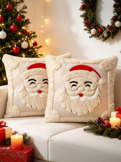 Capa de almofada de Natal branca com rosto do Papai Noel e barba em pelúcia