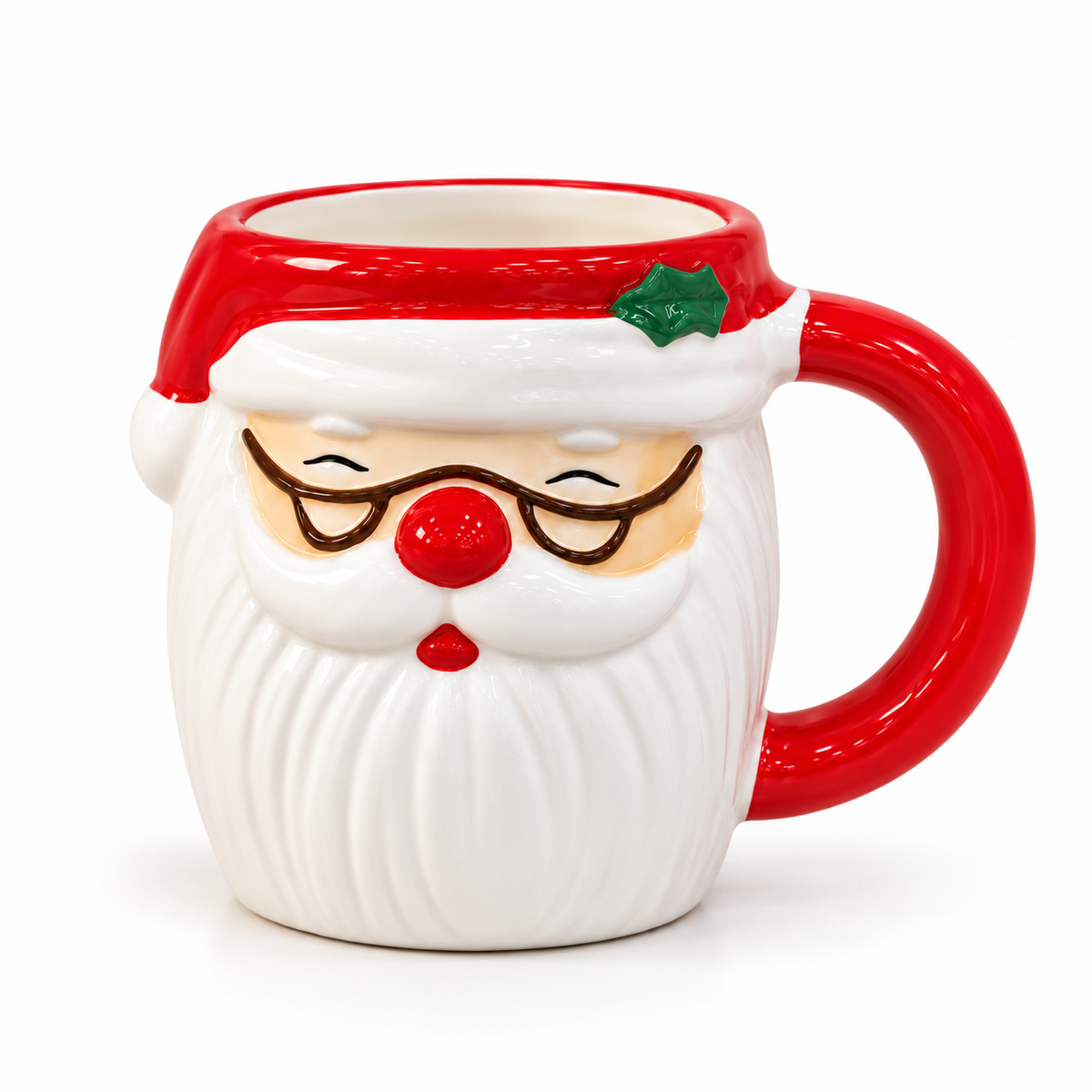 Caneca Papai Noel com óculos sobre fundo claro
