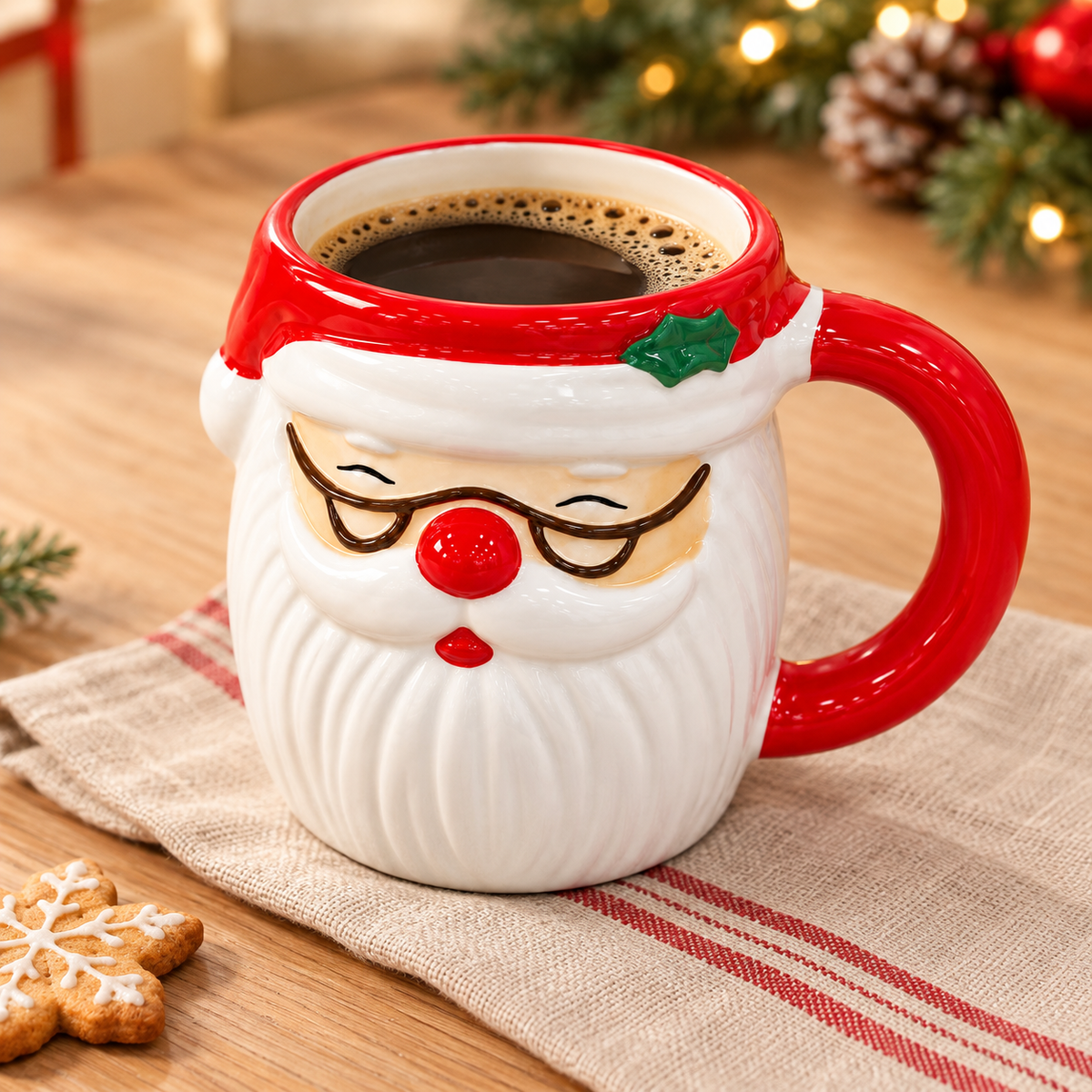 Caneca de Natal Papai Noel com óculos contendo café