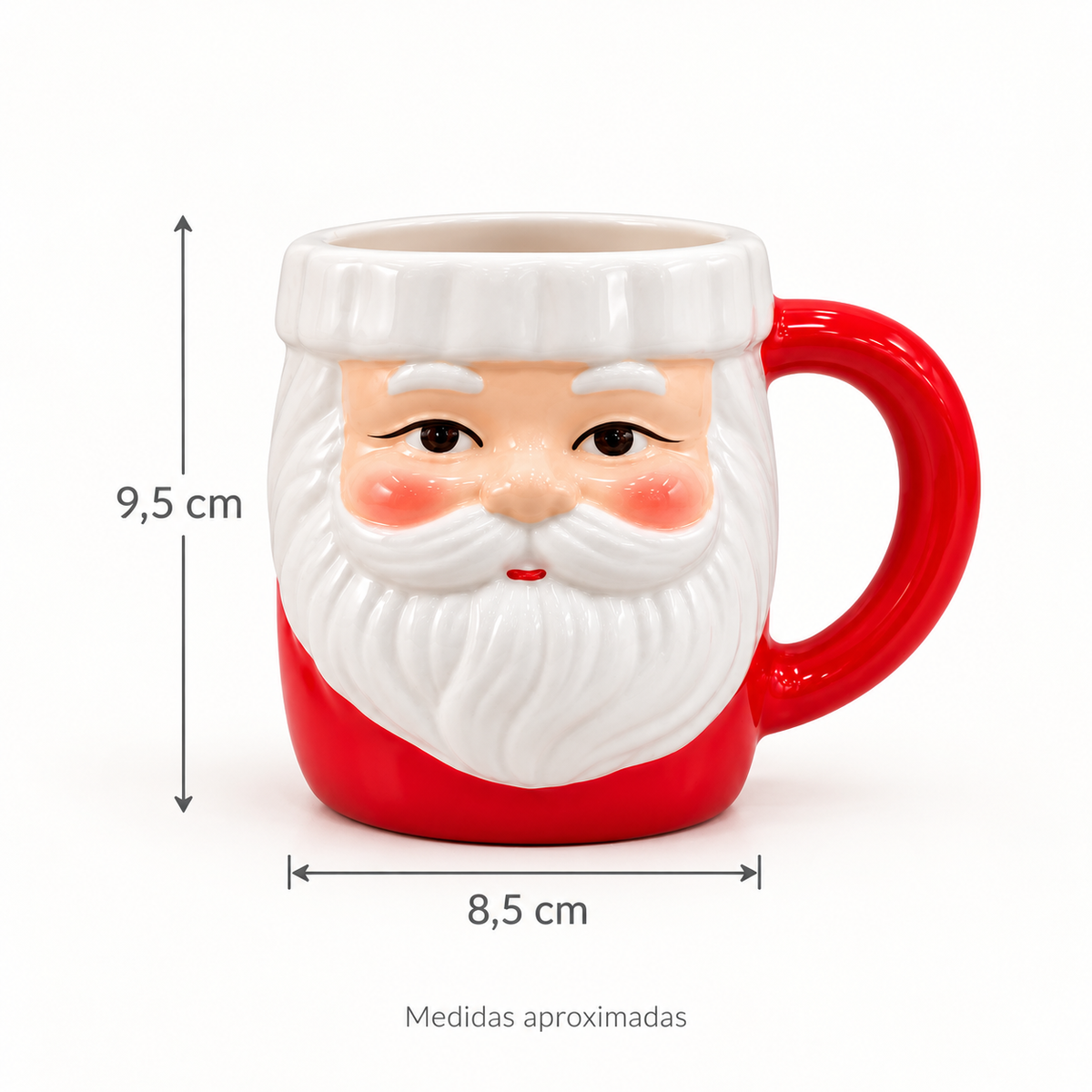 Caneca Papai Noel sem óculos: altura aproximada de 9,5 cm e largura do corpo de 8,5 cm