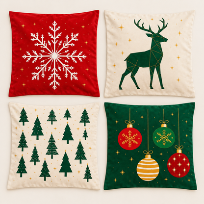 Kit de quatro capas de almofada natalinas, sem enchimentos, com as estampas completas