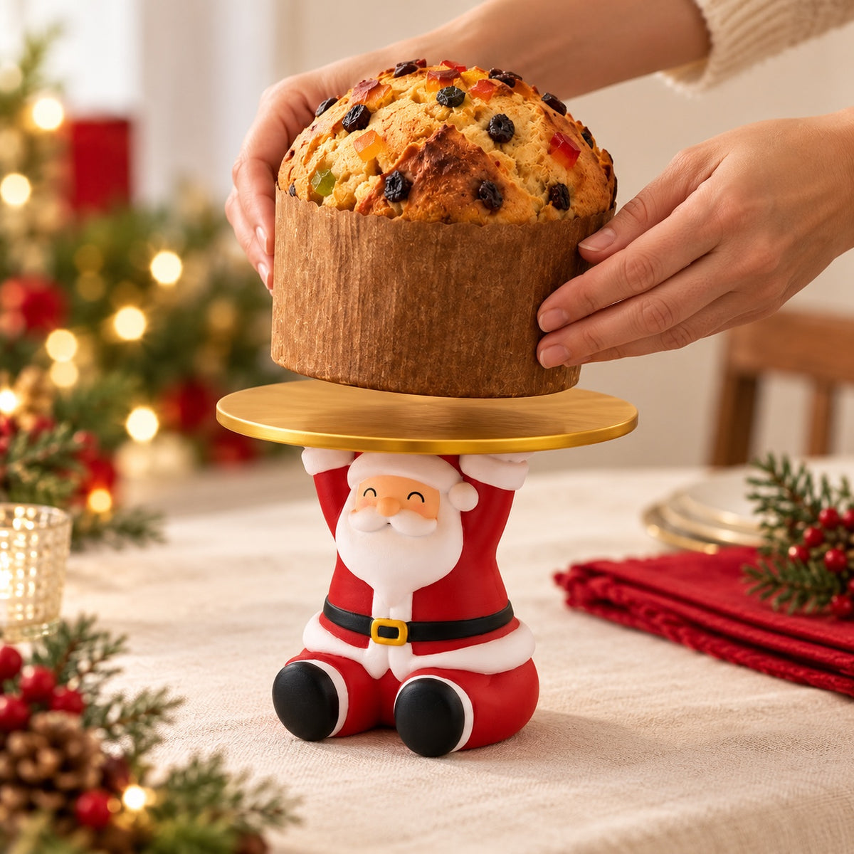 Porta-panetone Papai Noel em uso, com mãos colocando um panetone no prato dourado