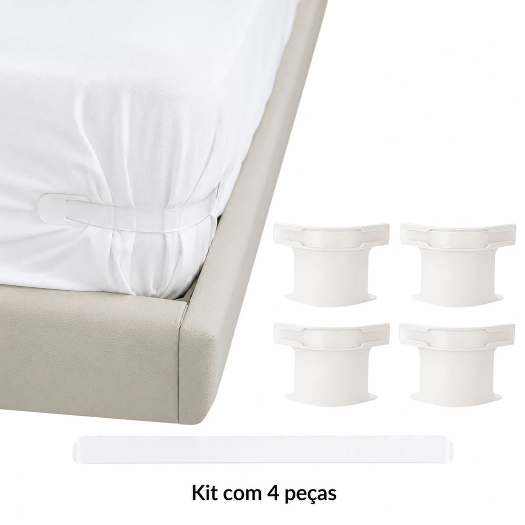 Conteúdo do kit com fixadores para lençol e tiras transparentes